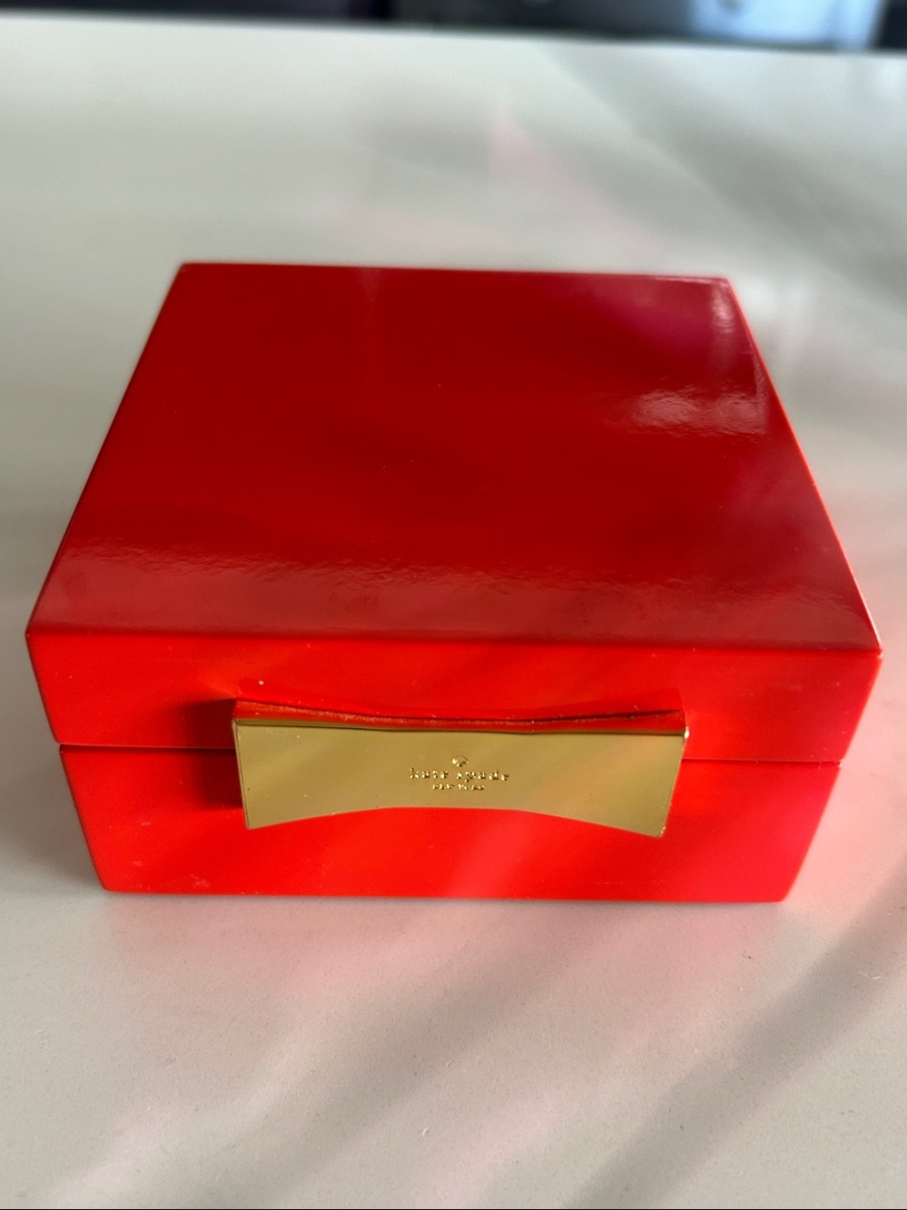 Kate Spade Red lacquer square jewelery box with Gold Bow Accent 2 x 4 inches
